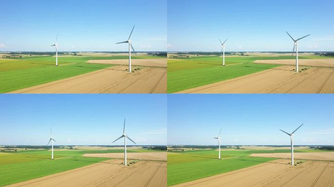 风力涡轮机在小麦和亚麻田中间，在欧洲，法国，诺曼底，朝Veules玫瑰，在夏天，在一个阳光明媚的日子