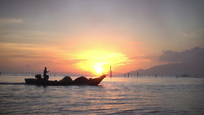 夕阳渔船 海边渔船 海边落日
