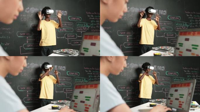 学生使用VR时，女生手编码程序的特写。启迪