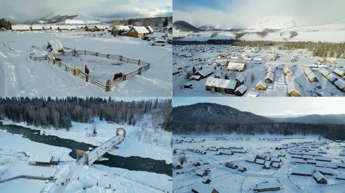 冬季新疆北疆清晨禾木村雪景航拍