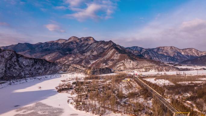 中国东北辽宁本溪冬季航拍乡村自然雪景