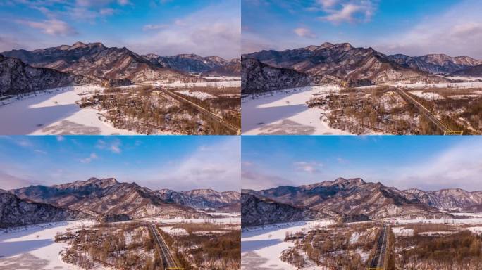 中国东北辽宁本溪冬季航拍乡村自然雪景