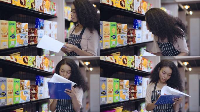 年轻女子在超市用条码扫描器检查货架上的商品。