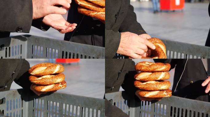 男人们用手挑选土耳其百吉饼Simit卖在一辆面包车