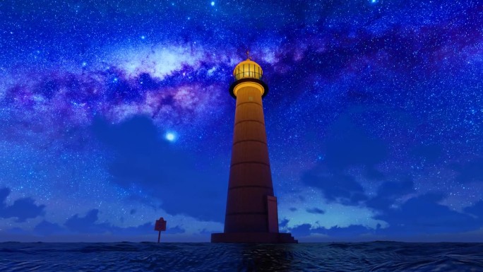 海上的灯塔，夜空下的星空