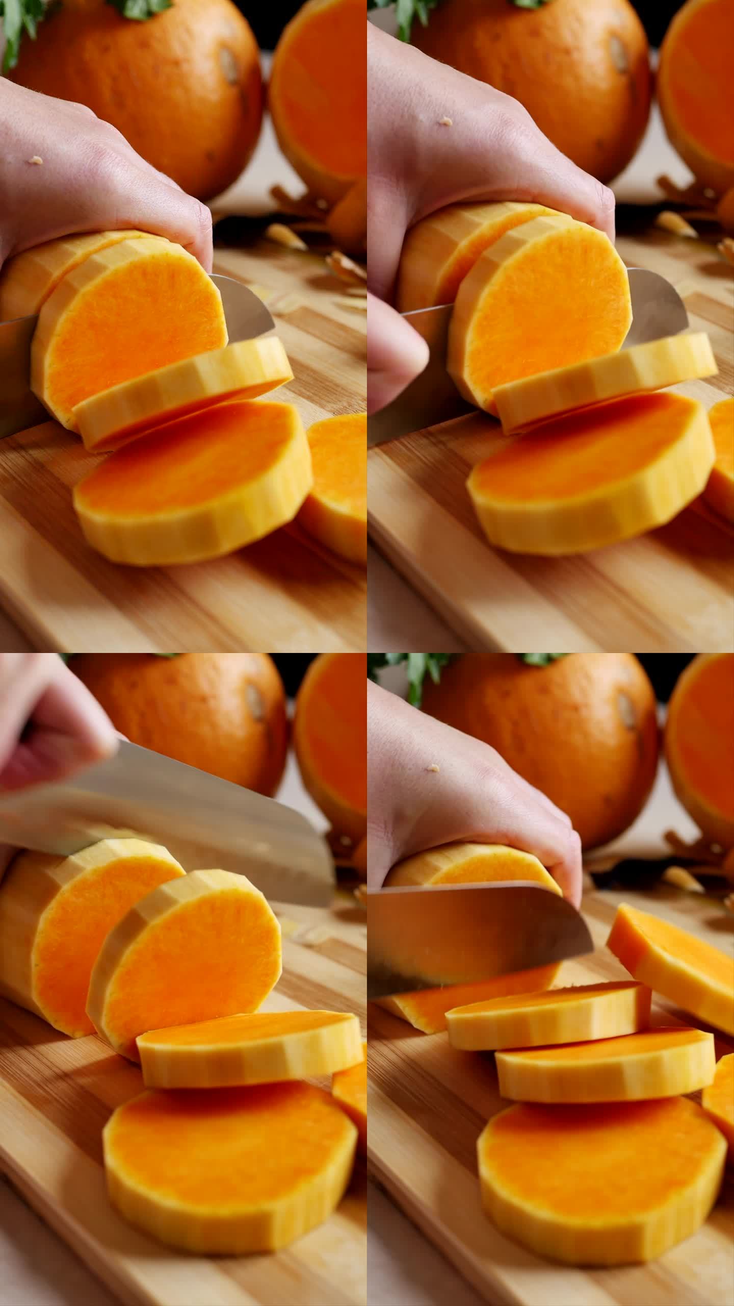 年轻的女工用菜刀和木制砧板切去皮的南瓜。将成熟的橙南瓜切成圆片，放入烤箱里烤。竖屏，特写
