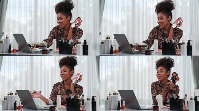 女性网红拍摄直播视频博客视频评论化妆至关重要的社会