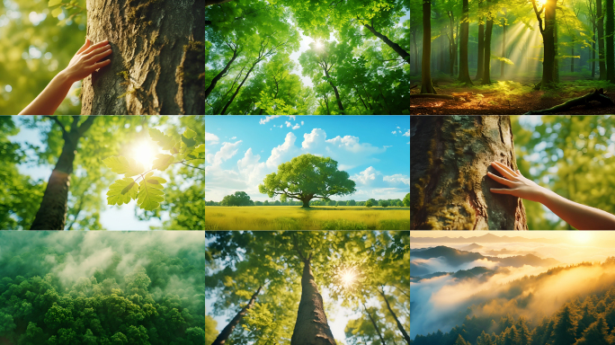 唯美阳光大树森林树林树叶触摸自然感受自然