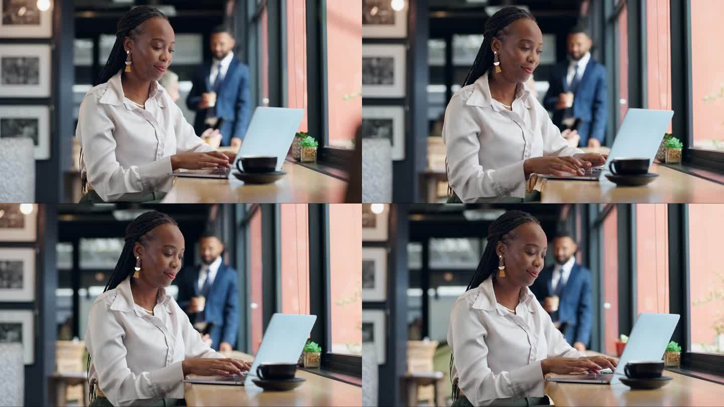 商务、女性和在咖啡馆用笔记本电脑打字进行远程工作、公司提案和创意研究。黑人，企业家和技术人员在咖啡店