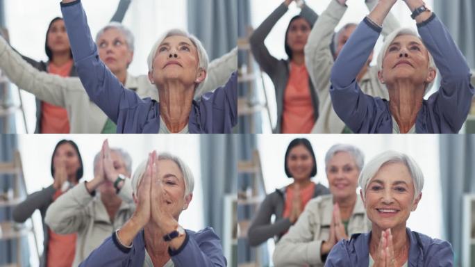 老年妇女，朋友和瑜伽，冥想和健康与正念，禅宗和祈祷在课堂上的姿势。女性的人，锻炼和快乐，整体和治疗与