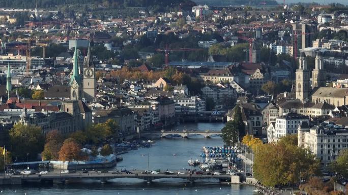 晴朗的白天苏黎世市湖滨中心区交通大桥航拍全景4k瑞士