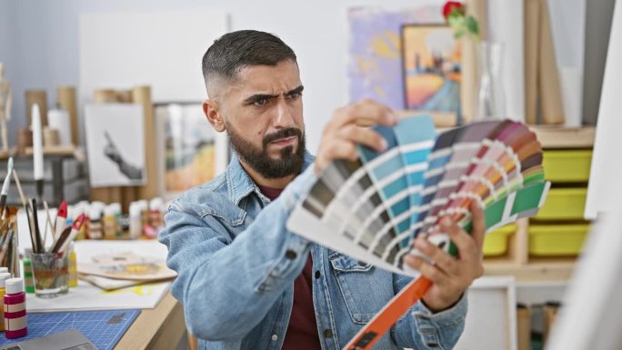 在一间创意工作室里，一名专注的男子审视着一块色板，周围是艺术用品和绘画。