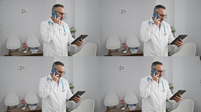 一位戴着眼镜、身穿白色大褂的西班牙裔专业医生在诊所候诊室拿着平板电脑，一边用智能手机说话。