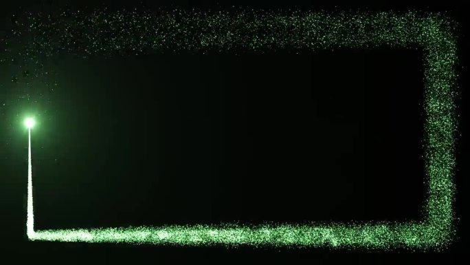 明亮的光源在黑暗的背景上画出绿色粒子的矩形框架。中间有空闲空间的动画。动画可以叠加或添加到任何视频，
