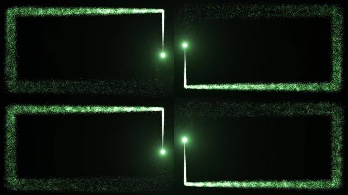 明亮的光源在黑暗的背景上画出绿色粒子的矩形框架。中间有空闲空间的动画。动画可以叠加或添加到任何视频，