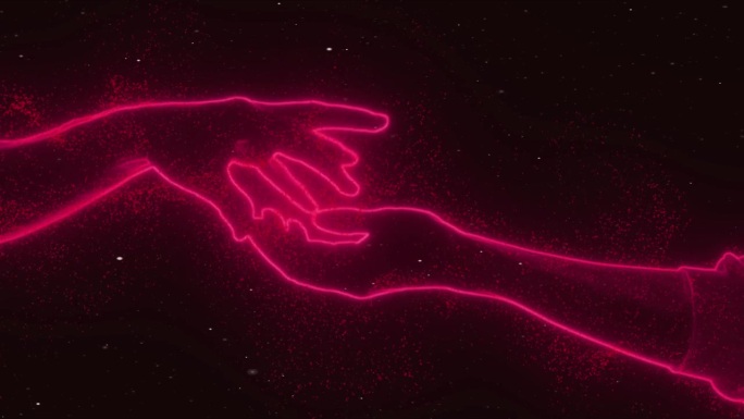 两只手互相牵着，手指在太空中触碰，星星，夜晚。抽象，3d渲染，红色霓虹灯发光的线条和粒子。
