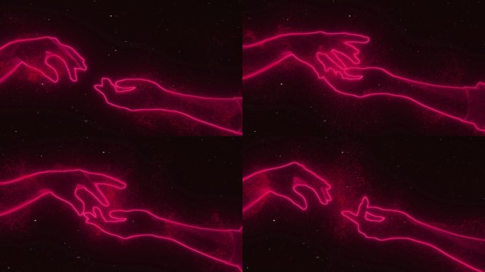 两只手互相牵着，手指在太空中触碰，星星，夜晚。抽象，3d渲染，红色霓虹灯发光的线条和粒子。