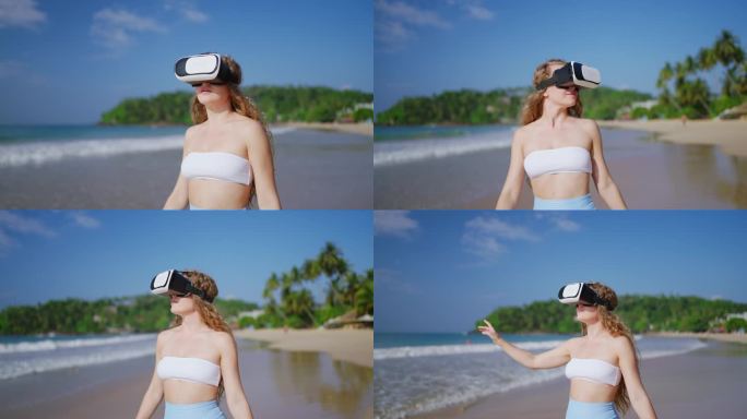 戴着VR头盔的女性探索虚拟热带海滩，沉浸在增强现实体验中，用手比划，阳光反射在海浪上，模拟封锁期间的