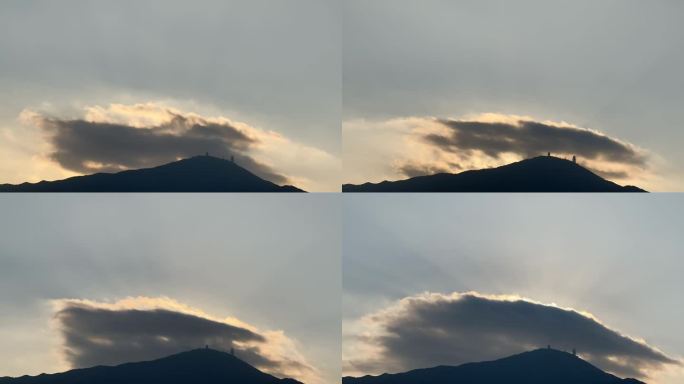 中国香港，日出时云在大帽山顶移动的超缩镜头