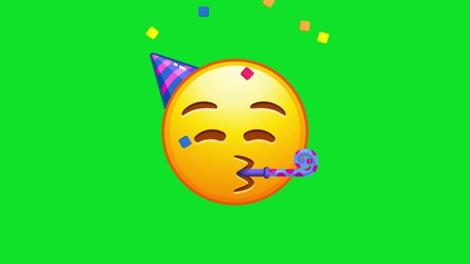 聚会emoji。有派对号角和帽子的表情符号，庆祝。动画Emoji。Alpha通道，透明背景。4K分辨