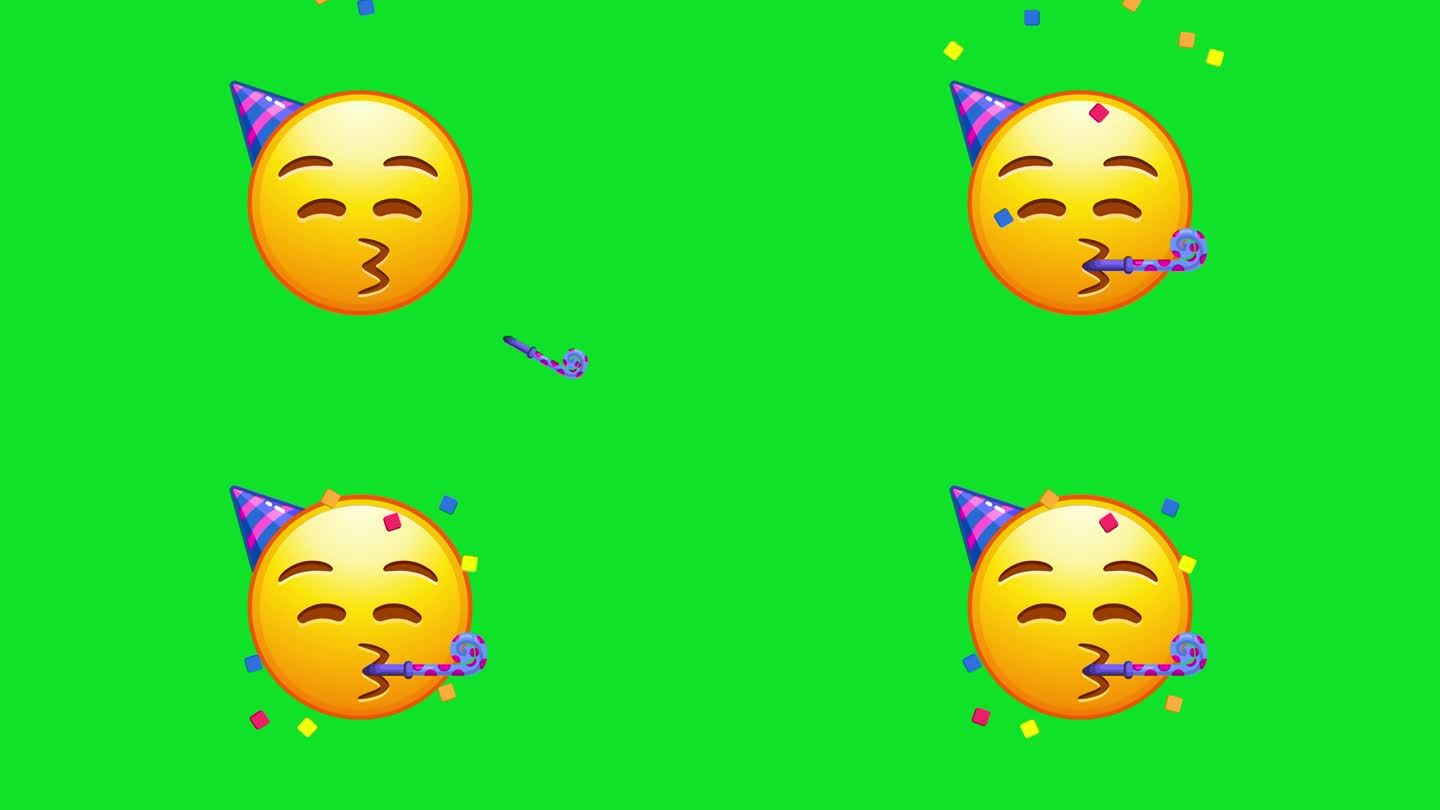 聚会emoji。有派对号角和帽子的表情符号，庆祝。动画Emoji。Alpha通道，透明背景。4K分辨