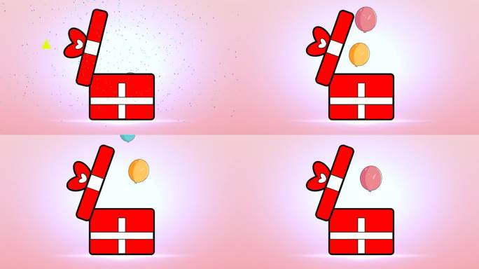 礼盒打开和漂浮气球惊喜创意动画。红色礼盒带开箱盖。情人节，结婚纪念日，生日，新年。五彩纸屑爆炸背景。