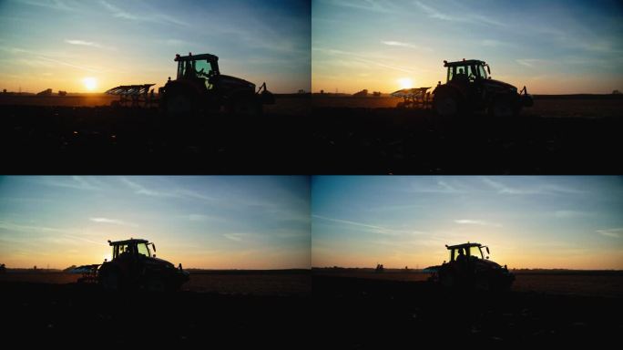 SLO MO男性农民驾驶拖拉机在黄昏时分对着天空犁地