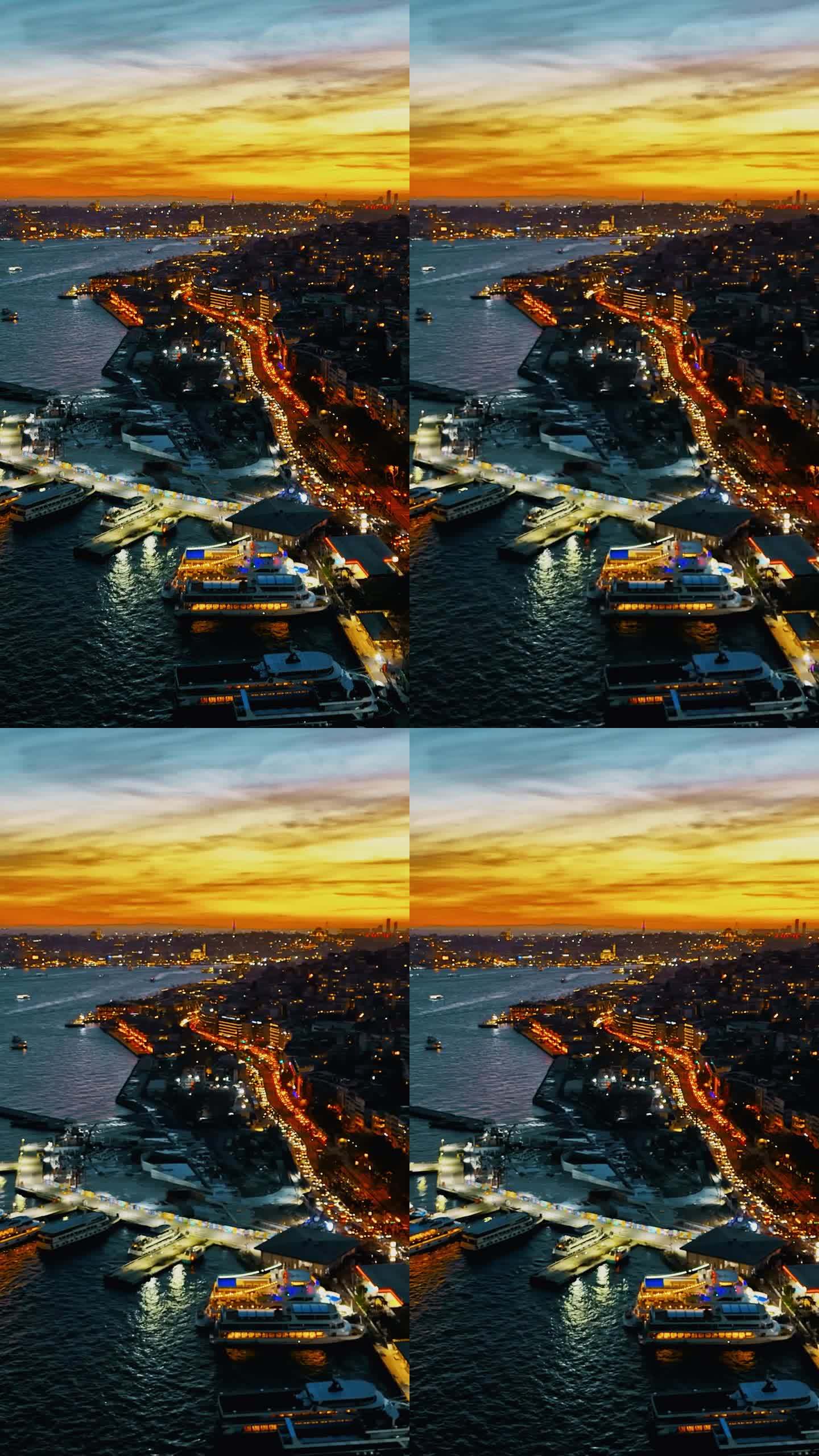 黄昏时分博斯普鲁斯海峡上空充满活力的云景:从上面探索伊斯坦布尔海岸线上隐藏的宝石#无人机发现#城市黄