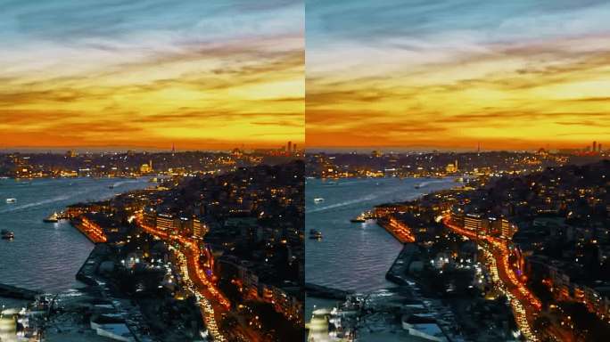 黄昏时分博斯普鲁斯海峡上空充满活力的云景:从上面探索伊斯坦布尔海岸线上隐藏的宝石#无人机发现#城市黄