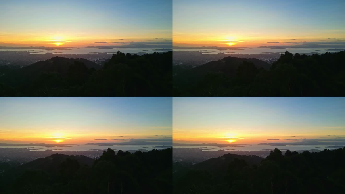 从加利福尼亚旧金山湾的瞭望台上无人机看到的日落美景
