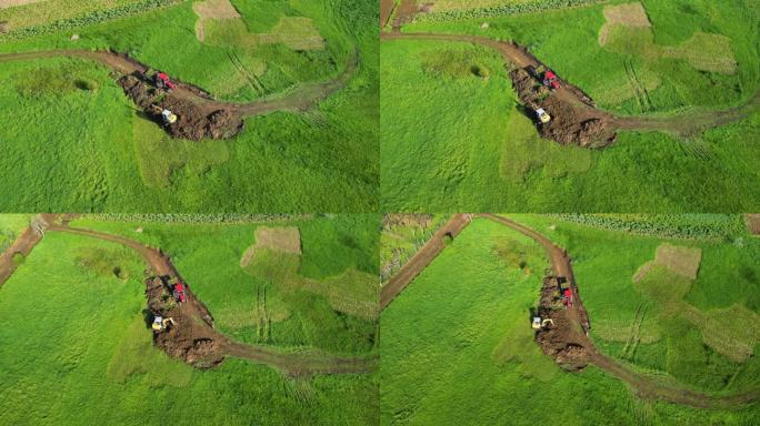 从上面看挖土机铲土。西班牙科鲁尼亚的扎斯。空中拍摄