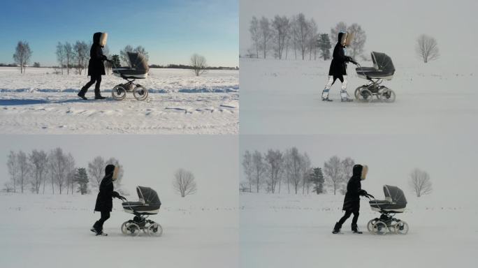 冬季婴儿车行走，天气由晴转雪