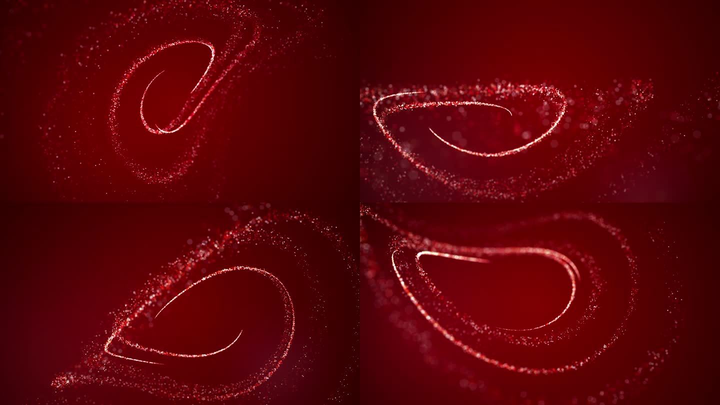 在红色的背景上，闪亮的线条会聚、螺旋，并溶解成微粒。动画神奇的沙子形成了一个新年的屏幕保护程序，红色
