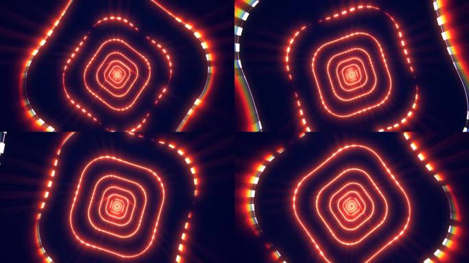 黄色橘色能量数字方形矩形隧道框架由线条和圆点构成的未来感神奇的发光明亮。抽象的背景。视频在高品质的4