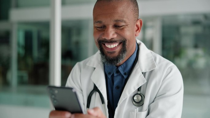 Phone, smile and black man doctor in office with s