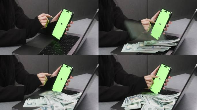 女人轻敲屏幕，每轻敲一次，钱就会出现。一个女人的手在手机上，屏幕是绿色的，便于抄写。贷款、存款、商业