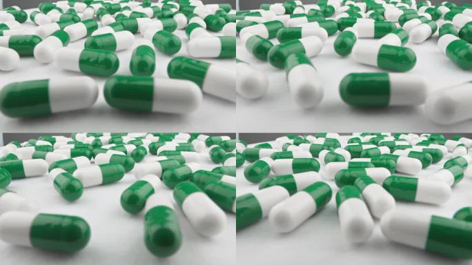 药品中的绿色和白色片剂和胶囊:一种促进健康和预防疾病的药物。这些胶囊在平台上流通，对膳食补充剂和药品