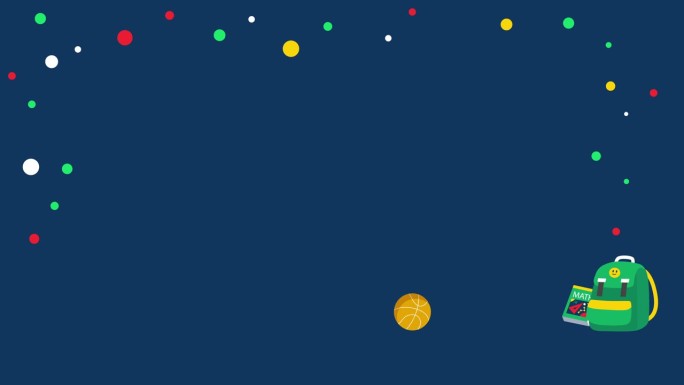 回到学校动画元素教育图标作为一个球滚动和击中书包，而彩色点在空间飞行-在中心添加文字-蓝色背景