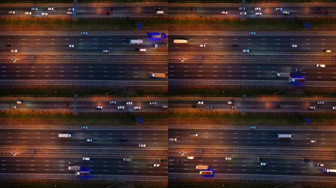 夜间高速公路交通堵塞的鸟瞰图。