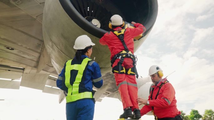 Team of airplane engineer maintenance repairs, fix