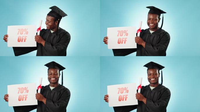 毕业，销售标志或快乐的黑人与大学广告，奖学金折扣或大学学习机会。工作室肖像，70%或蓝色背景的学生海