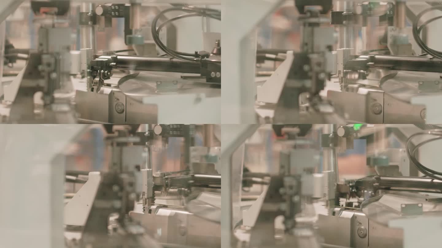 汽车工业用机器人剪线。大批量生产的自动化机器人过程。