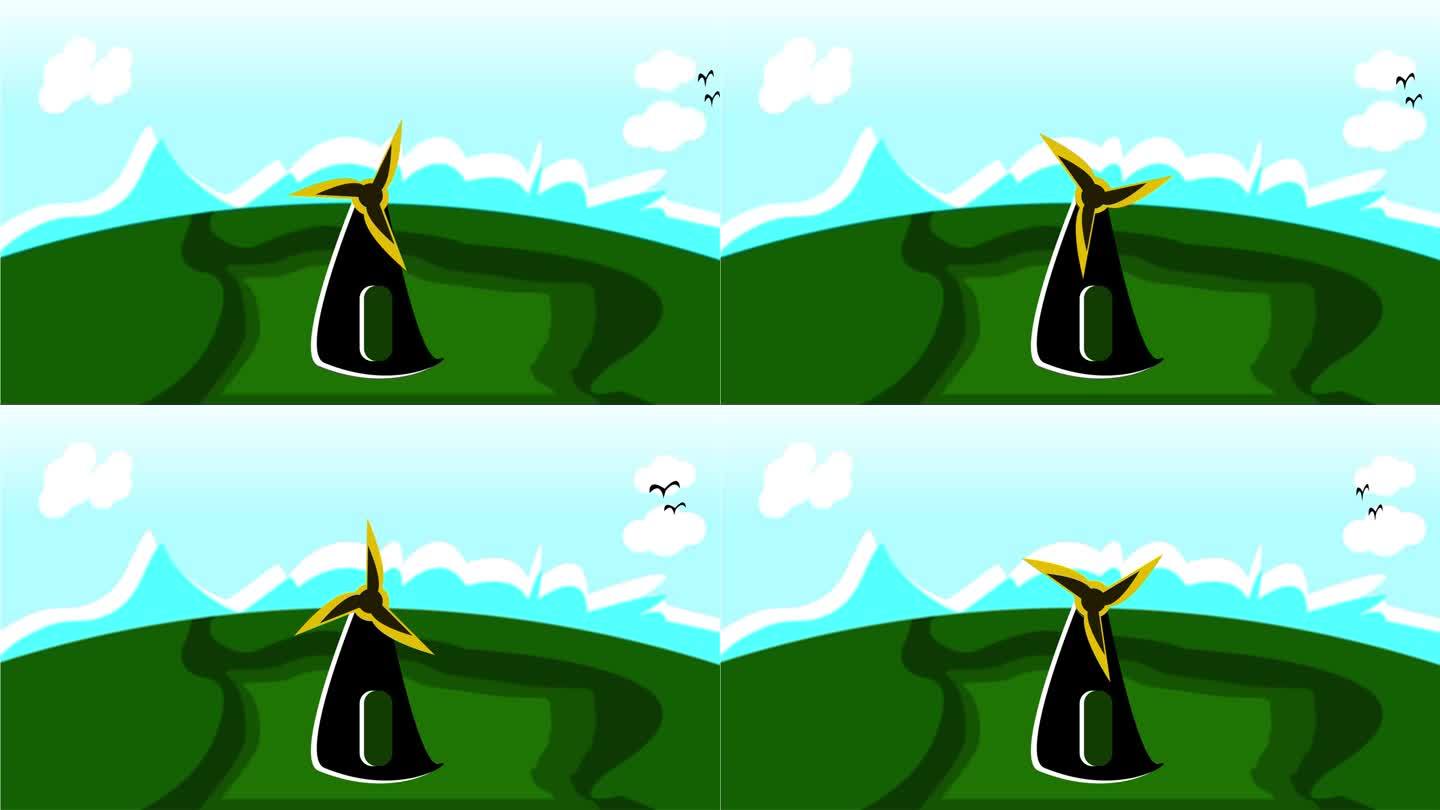 动画单个风力涡轮机和晴朗的蓝天，蓬松的云和飞翔的鸟。
