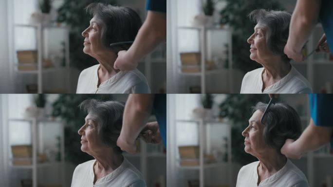 护理员给老妇人做发型，在养老院中引发欢乐