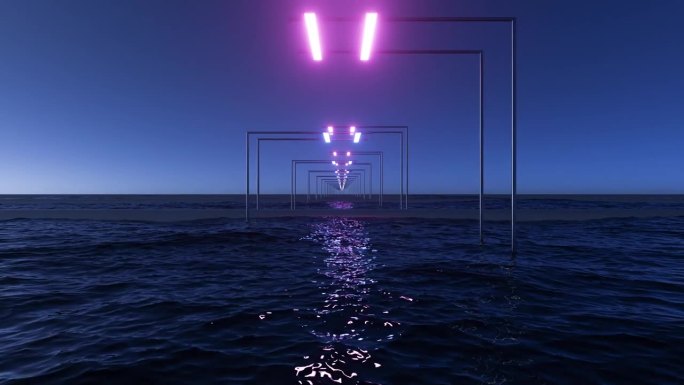 金属杆和霓虹灯在一大片水域的中间
