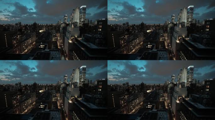 曼哈顿，纽约夜晚的天际线，熙熙攘攘的街道，移动的汽车，行人和头顶的乌云