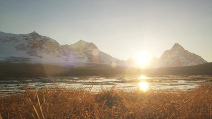 落基山脉高峰在金色的日出和夜空与北极光。