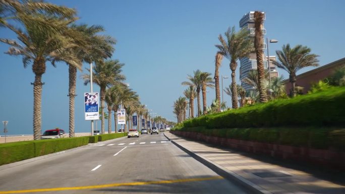 阳光明媚的一天迪拜城市棕榈岛公路旅行著名的豪华酒店外正面全景4k阿联酋