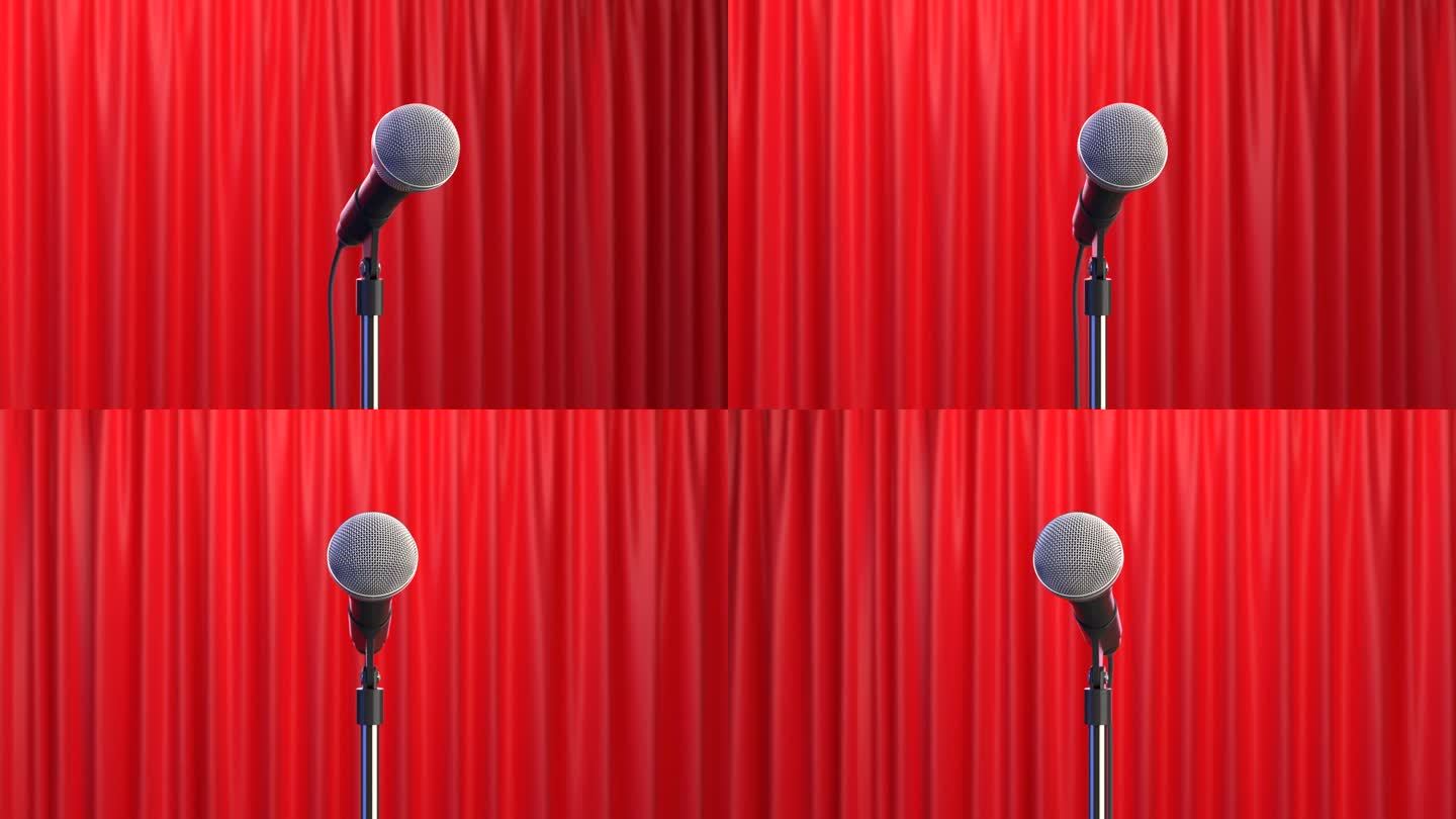 舞台上的麦克风以红色幕布为背景