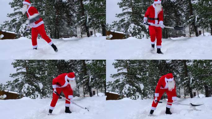 冬天下雪后，圣诞老人在户外用铲子清理积雪。清理村里的街道，为汽车清理通道，圣诞节和新年的恶劣天气